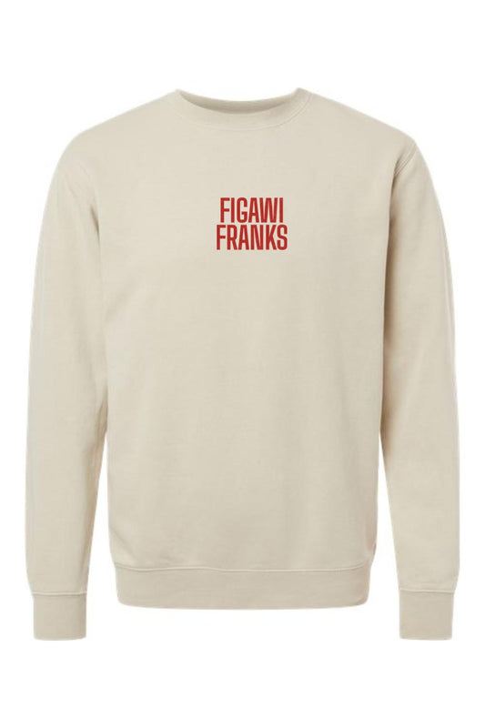 Beige pigment-dyed crewneck sweatshirt featuring red Figawi Franks text centered on the chest.