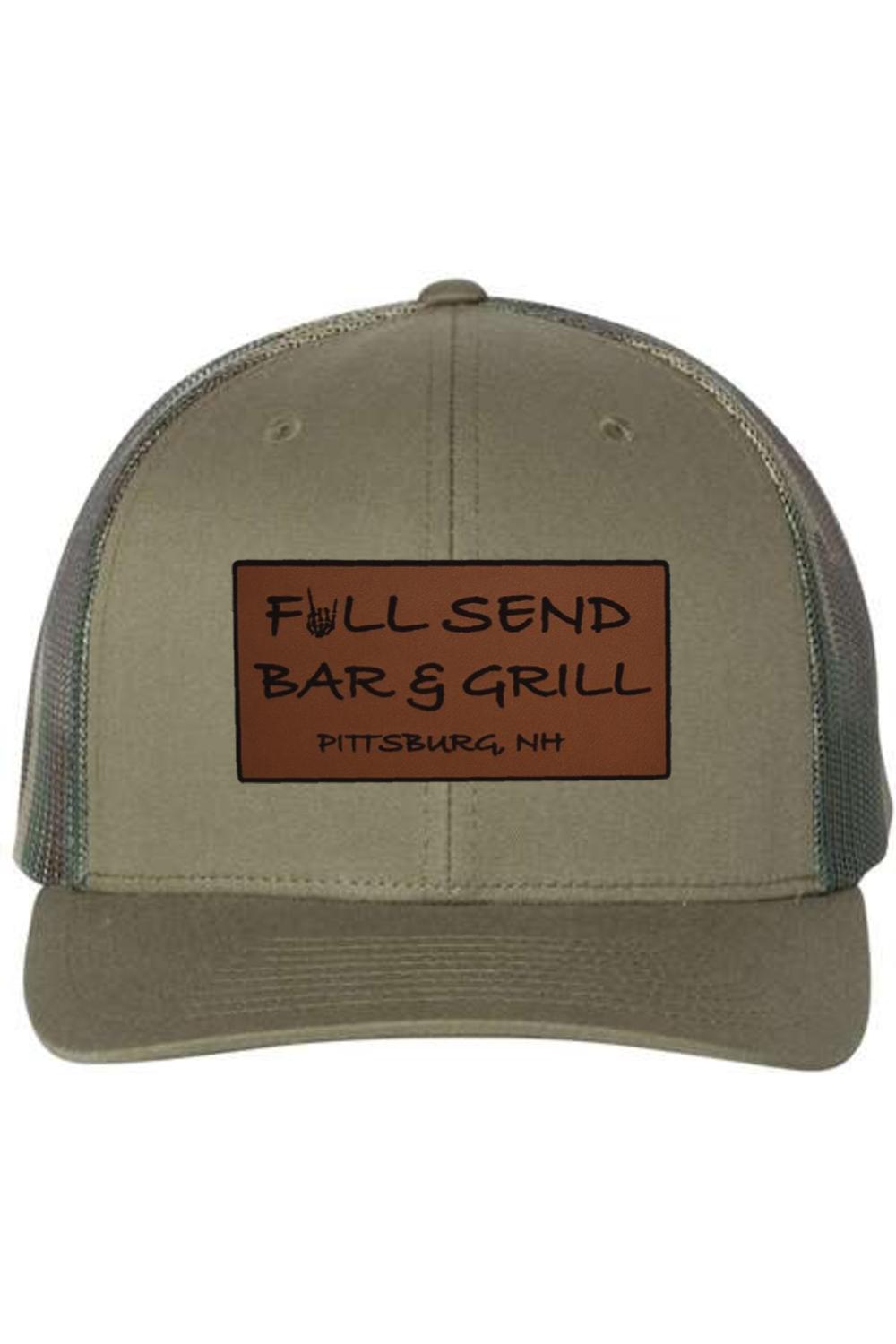 Olive green trucker cap with breathable mesh back and a rectangular brown patch featuring Full Send Bar & Grill text.