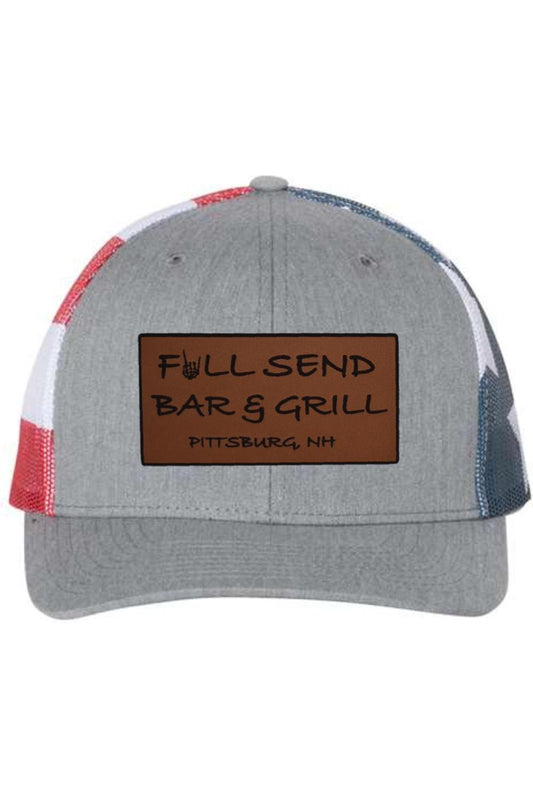 Grey trucker cap with a brown leather patch reading Full Send Bar & Grill, featuring a red, white, and blue mesh back.
