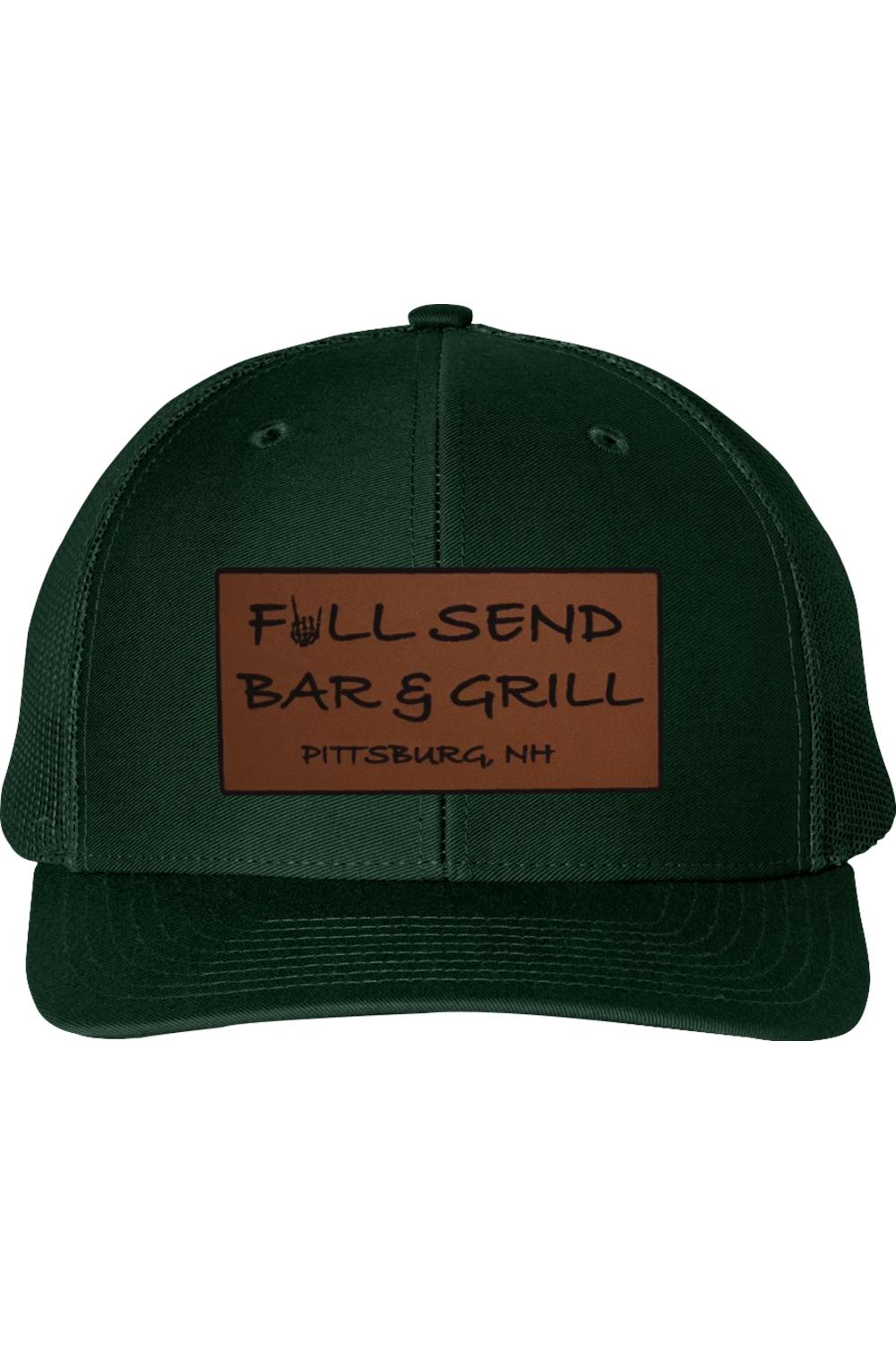 Dark green snapback trucker cap featuring a brown rectangular patch with Full Send Bar & Grill Pittsburg, NH branding.