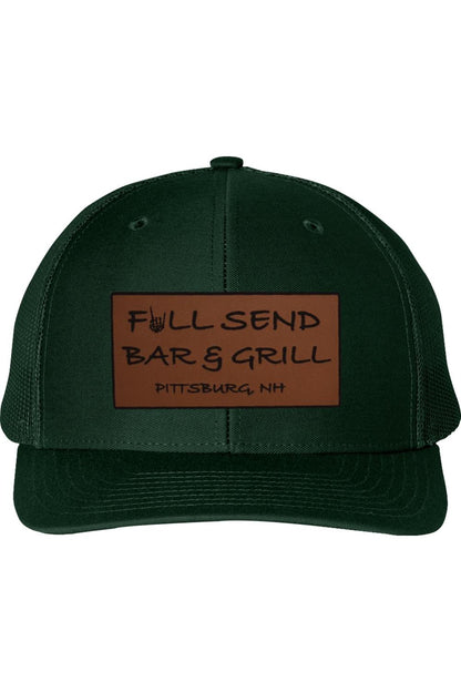 Dark green snapback trucker cap featuring a brown rectangular patch with Full Send Bar & Grill Pittsburg, NH branding.