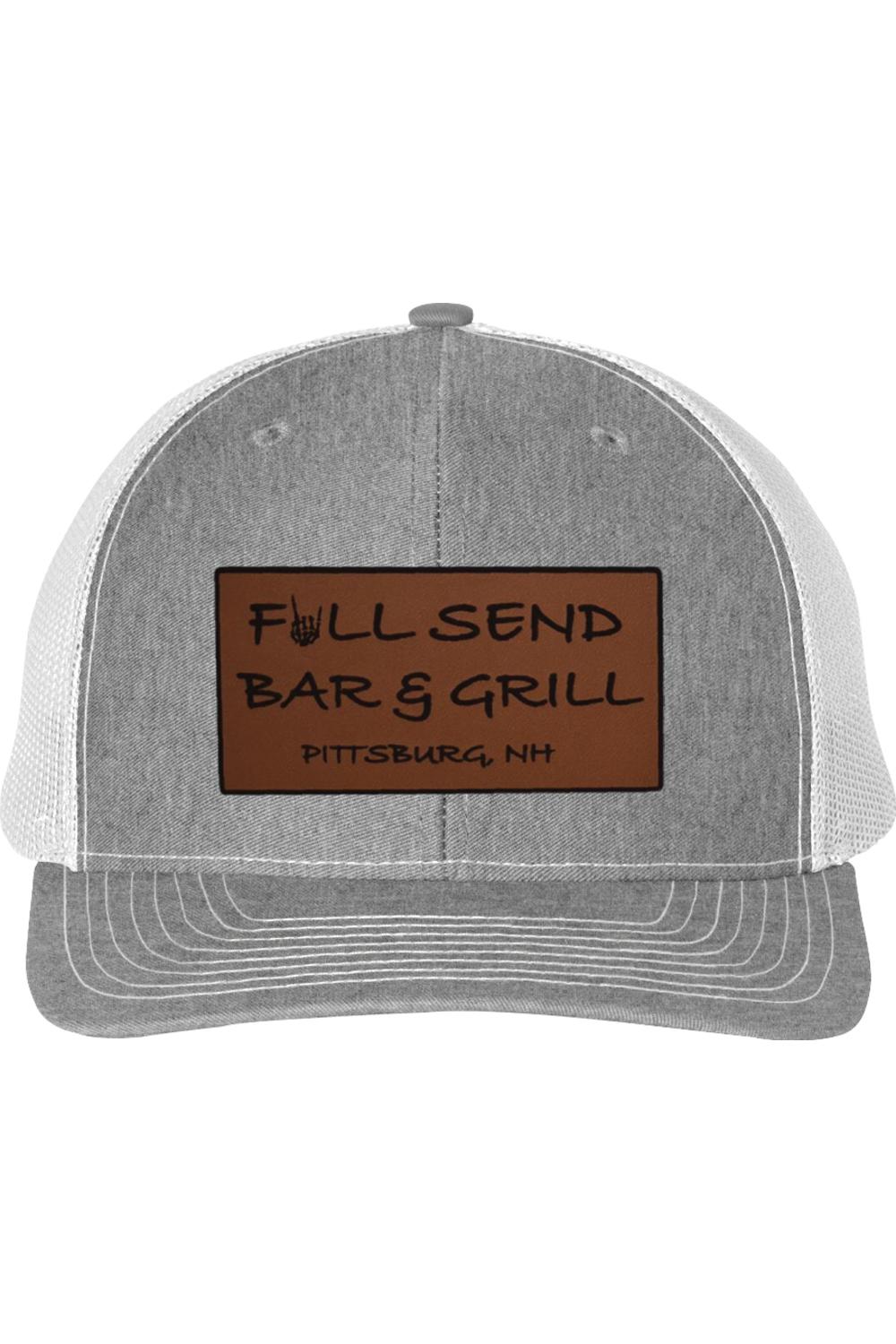 Grey and white trucker cap featuring a brown rectangular patch with Full Send Bar & Grill Pittsburg, NH branding.