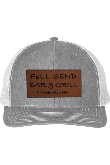 Grey and white trucker cap featuring a brown rectangular patch with Full Send Bar & Grill Pittsburg, NH branding.