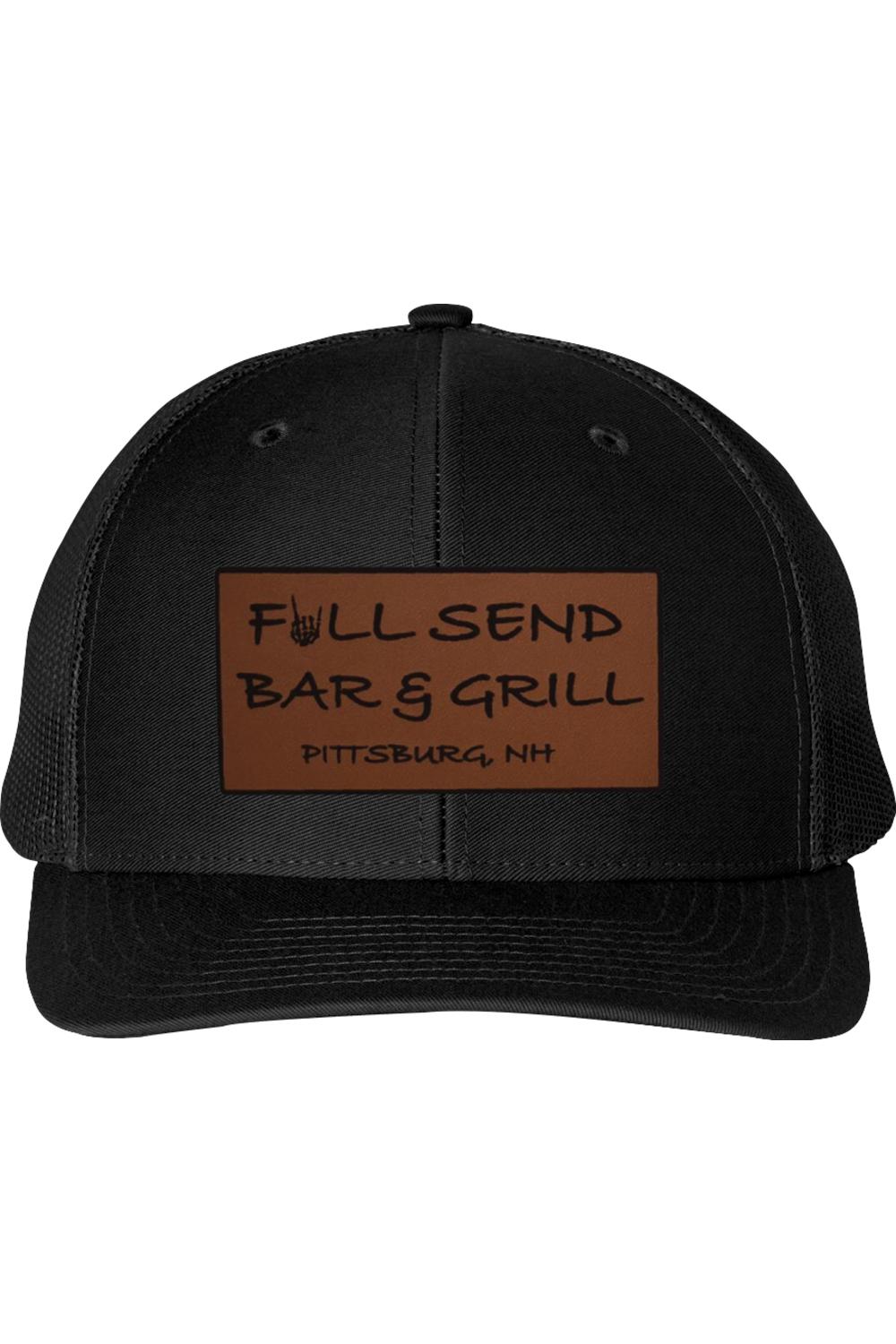 Black trucker cap with a brown rectangular patch featuring the Full Send Bar & Grill Pittsburg, NH logo.