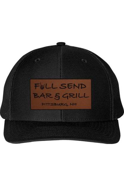Black trucker cap with a brown rectangular patch featuring the Full Send Bar & Grill Pittsburg, NH logo.
