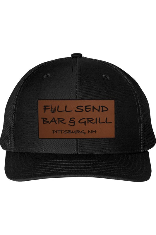 Black trucker cap with a brown rectangular patch featuring the Full Send Bar & Grill Pittsburg, NH logo.