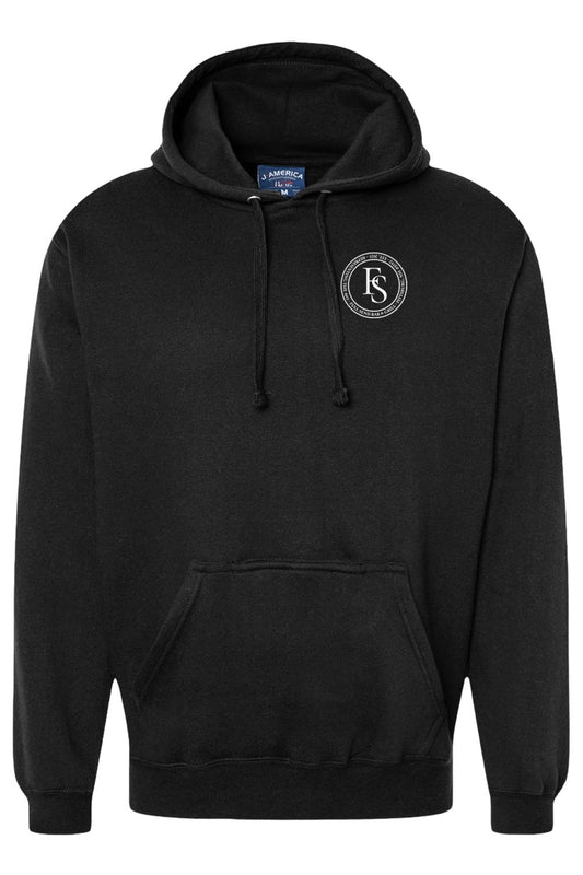 Black cotton fleece hooded sweatshirt with a white circular Full Send logo on the chest and a front kangaroo pocket.