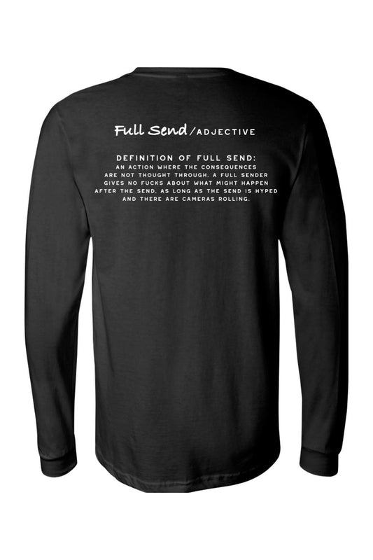 Black long-sleeve cotton jersey featuring a white Full Send definition graphic on the back.