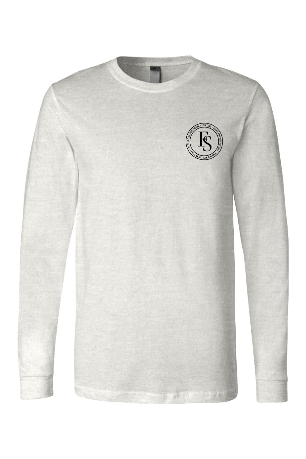 Light gray long-sleeve jersey shirt with a black circular Full Send logo on the left chest.