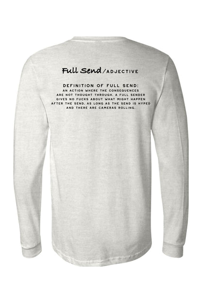 Light grey long-sleeve jersey with black Full Send definition text printed on the back.
