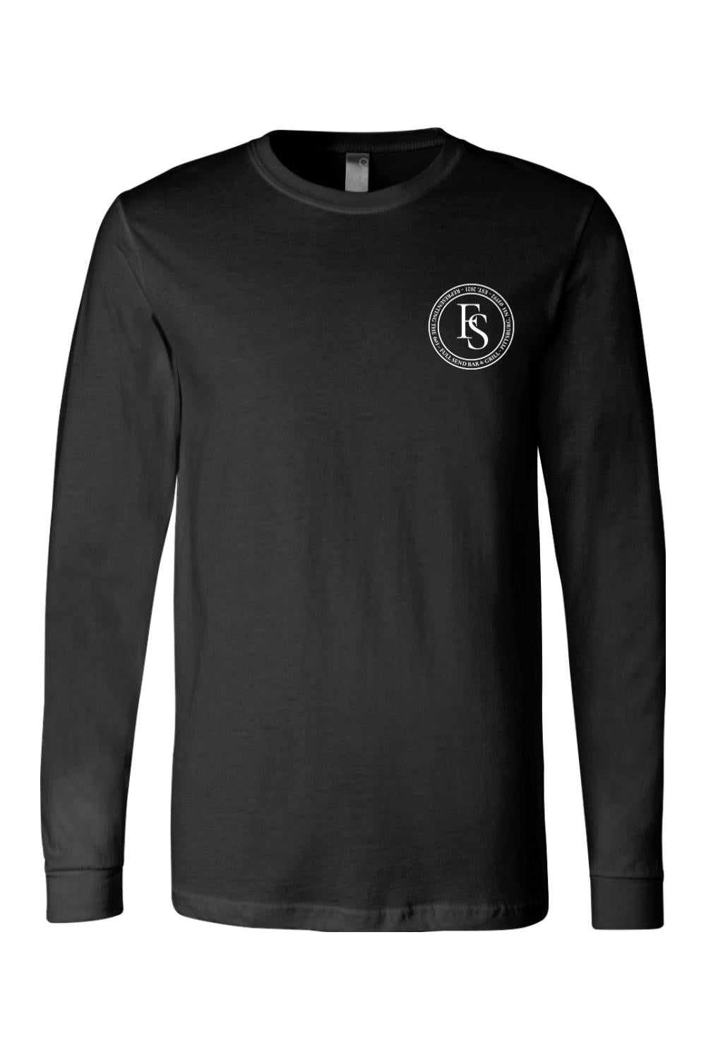 Black long-sleeve cotton jersey featuring a white circular Full Send logo on the left chest.