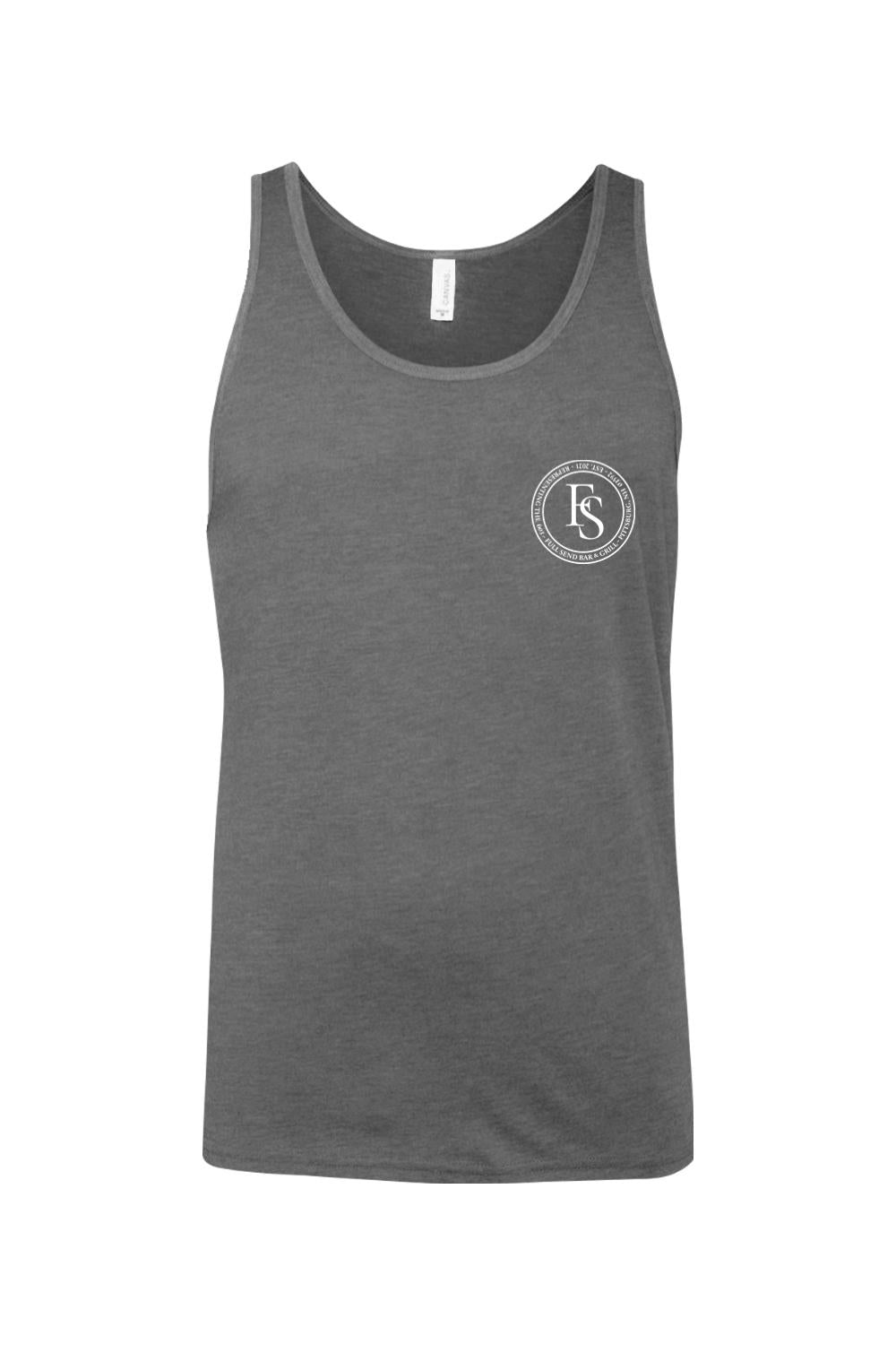 Dark grey jersey tank top with a white circular Full Send logo on the left chest.