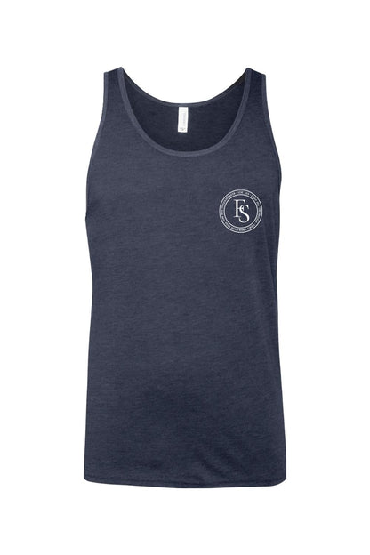 Navy blue heathered jersey tank top featuring a white circular Full Send logo on the left chest.