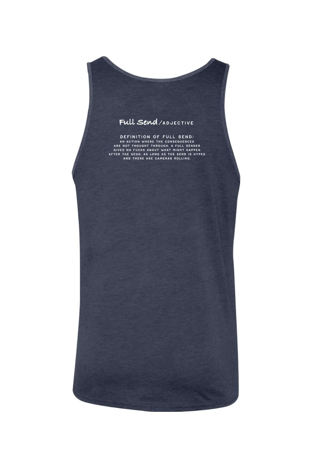 Navy blue jersey tank top with white Full Send definition text printed on the back.