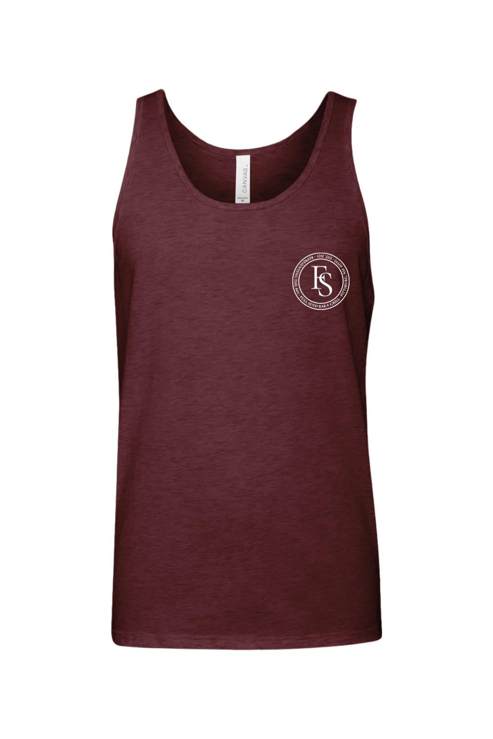Maroon unisex jersey tank top featuring a white circular Full Send logo on the left chest.
