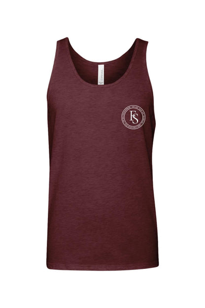 Maroon unisex jersey tank top featuring a white circular Full Send logo on the left chest.