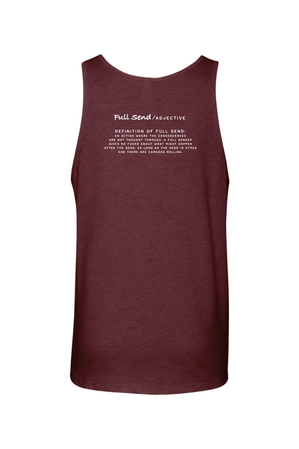 Maroon jersey tank top featuring a white Full Send definition graphic printed on the back.