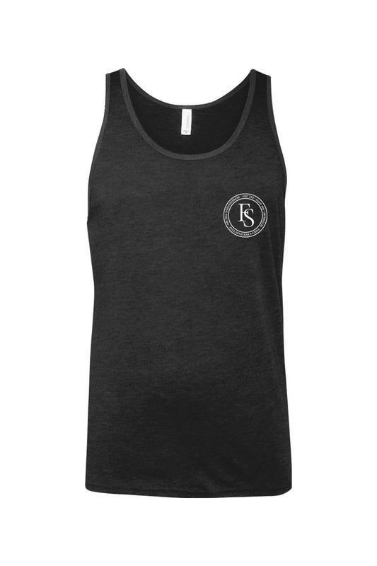 Black heather jersey tank top featuring a white circular Full Send logo on the left chest.
