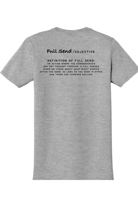 Grey cotton-blend t-shirt featuring a black Full Send dictionary definition graphic printed on the back.