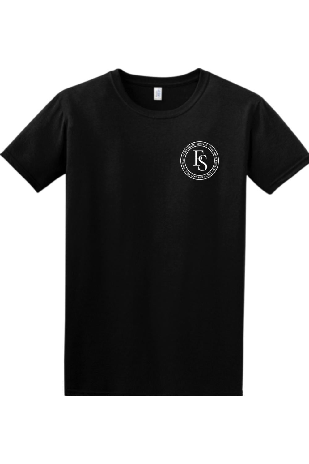 Black 100% cotton crew neck t-shirt featuring a white circular Full Send logo on the left chest.