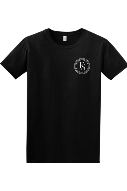 Black 100% cotton crew neck t-shirt featuring a white circular Full Send logo on the left chest.