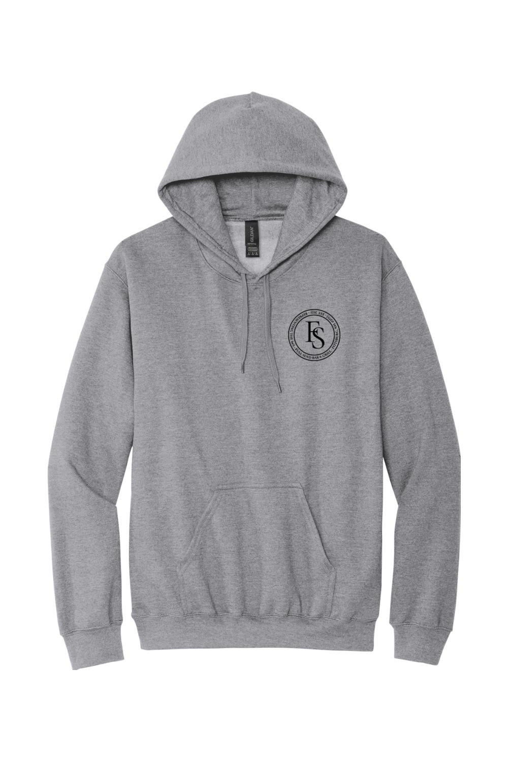 Sport grey midweight cotton hoodie with a black Full Send circular logo on the left chest and a front kangaroo pocket.
