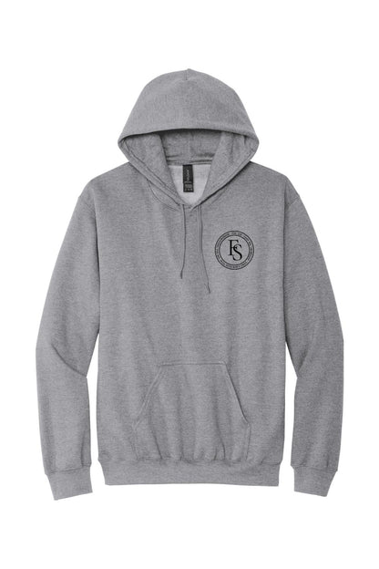 Sport grey midweight cotton hoodie with a black Full Send circular logo on the left chest and a front kangaroo pocket.