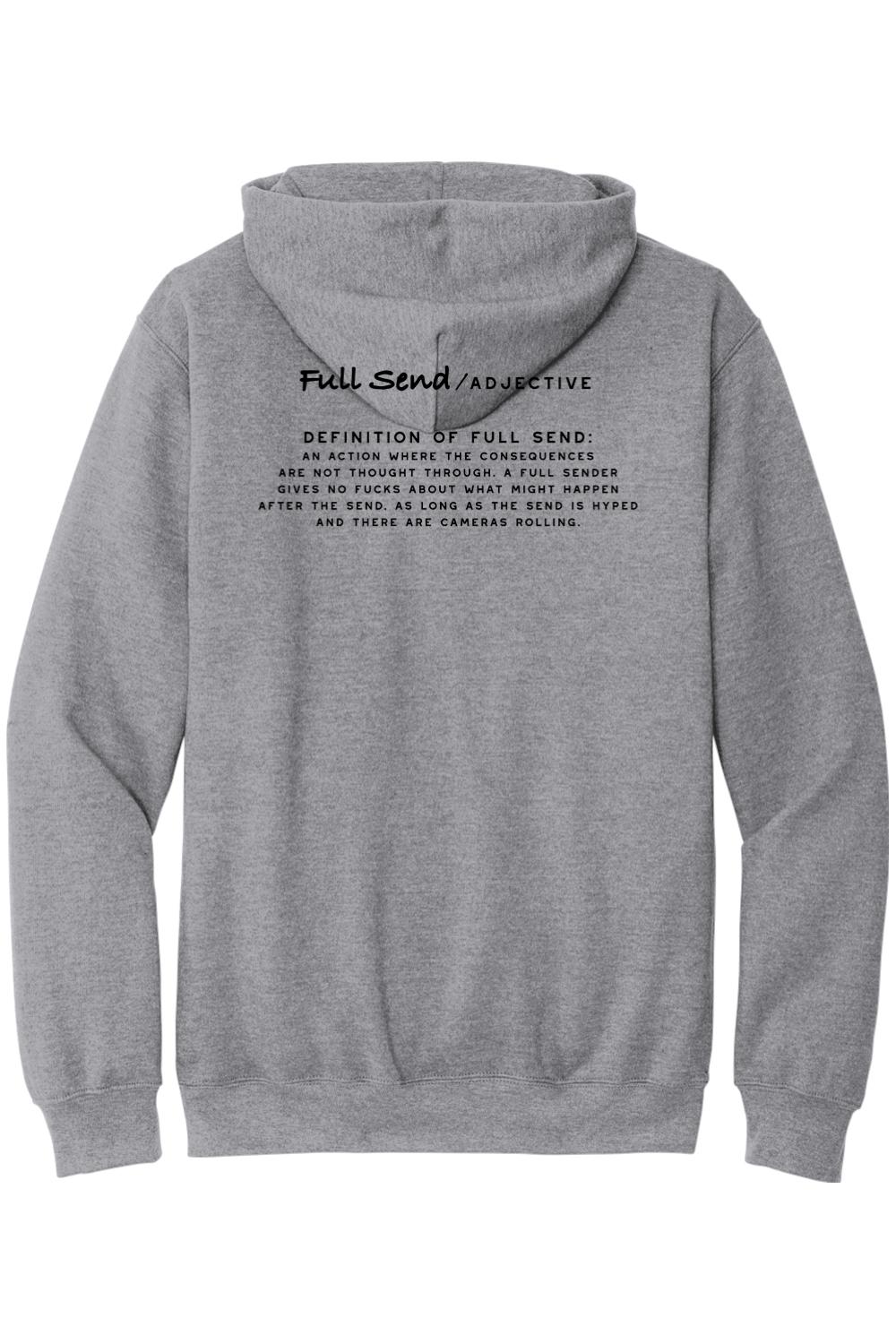 Sport grey midweight hoodie featuring a black Full Send definition graphic printed on the back.