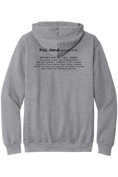 Sport grey midweight hoodie featuring a black Full Send definition graphic printed on the back.