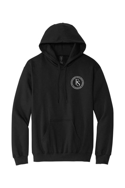 Black midweight pullover hoodie featuring a circular Full Send logo on the left chest and a front kangaroo pocket.