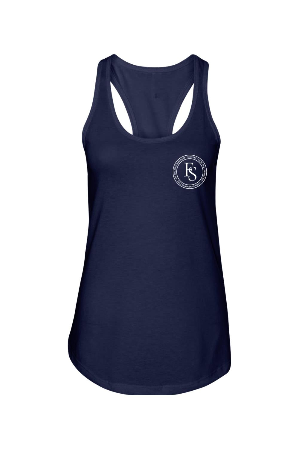Navy blue women's racerback tank top featuring a white circular Full Send logo on the left chest.