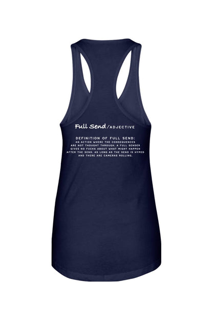 Navy blue women's racerback tank top featuring white Full Send definition text printed on the back.