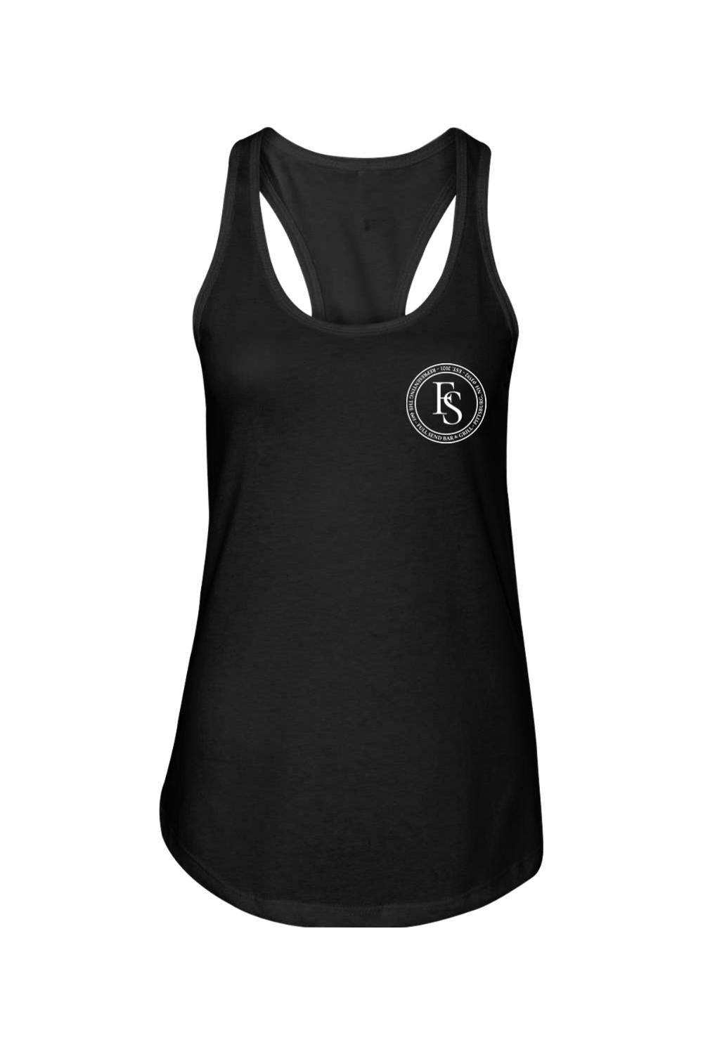 Black women's racerback tank top featuring a white circular Full Send logo on the left chest.