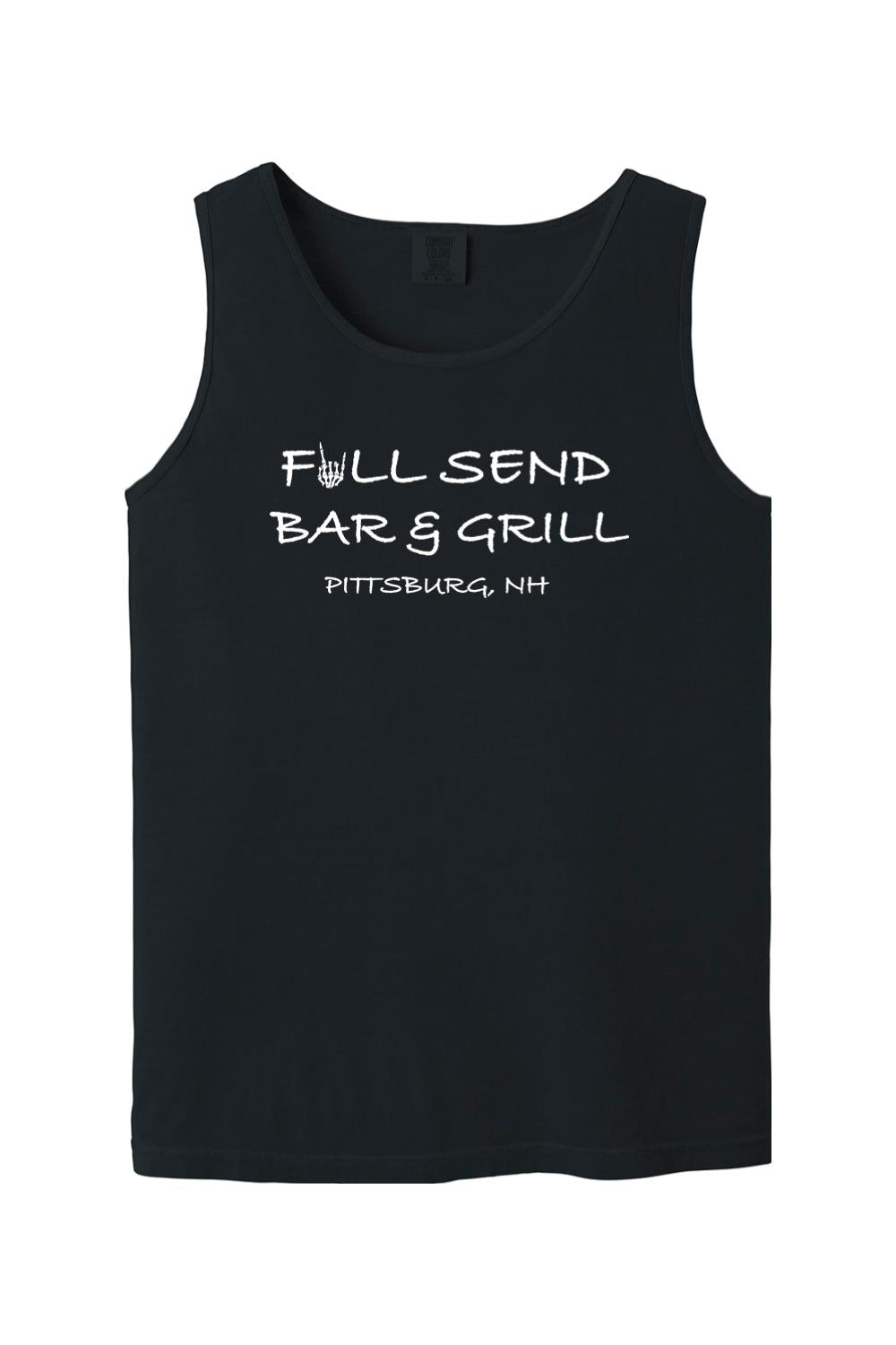 Black Comfort Colors tank top featuring white Full Send Bar & Grill Pittsburg, NH text with a skeleton hand graphic.