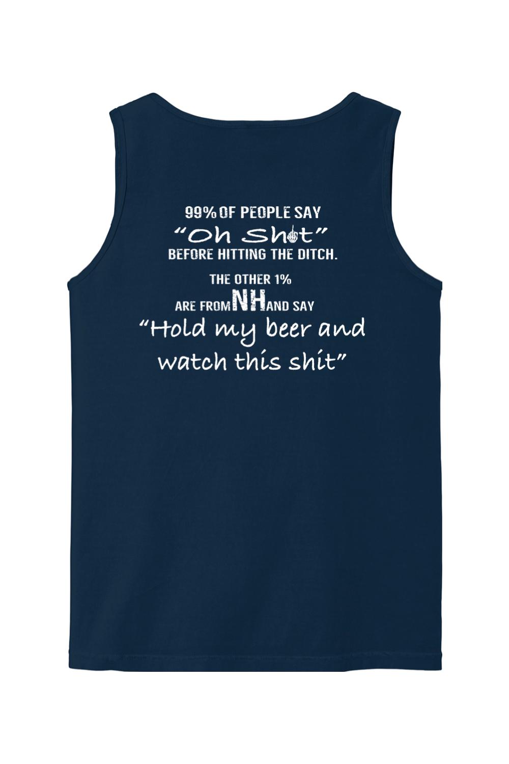 Navy blue Comfort Colors tank top featuring white text about NH and holding a beer.