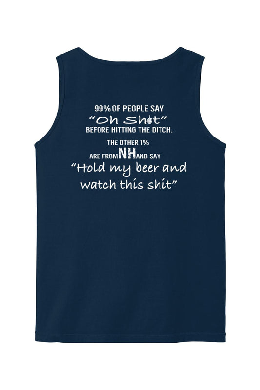 Navy blue Comfort Colors tank top featuring white text about NH and holding a beer.