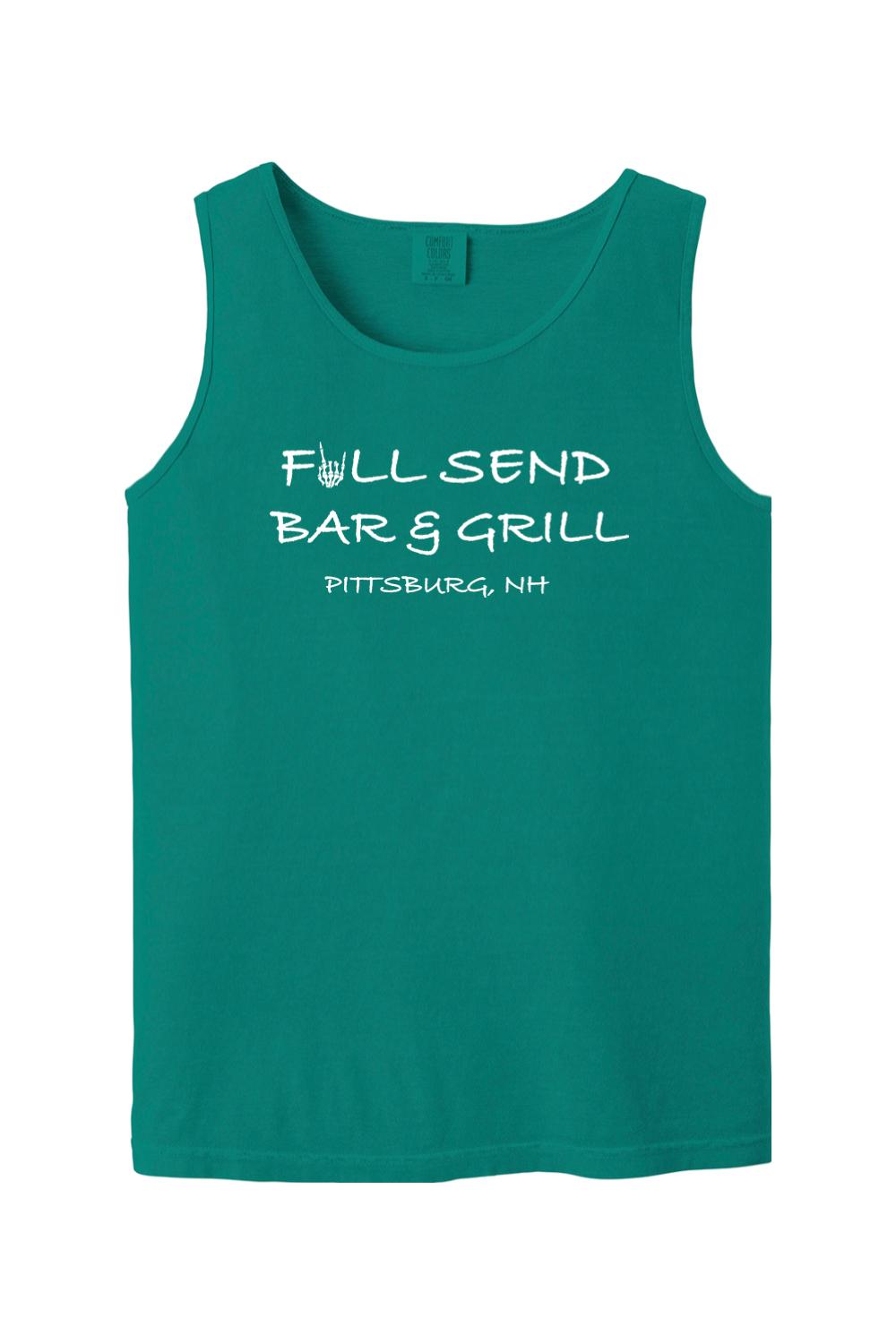 Teal Comfort Colors tank top featuring white Full Send Bar & Grill Pittsburg, NH text with a skeleton hand graphic.