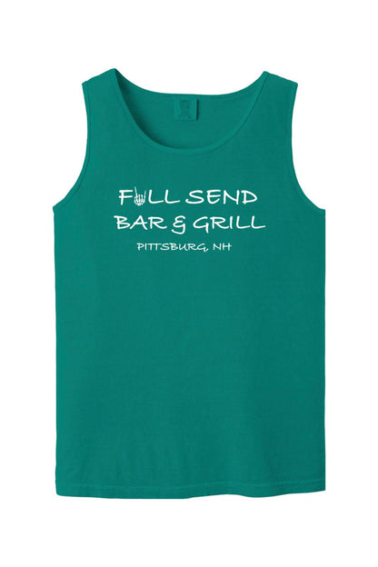 Teal Comfort Colors tank top featuring white Full Send Bar & Grill Pittsburg, NH text with a skeleton hand graphic.