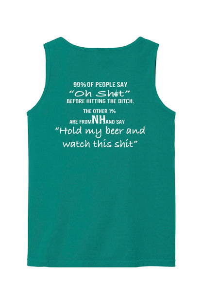 Teal Comfort Colors tank top featuring white text that reads Hold my beer and watch this shit.
