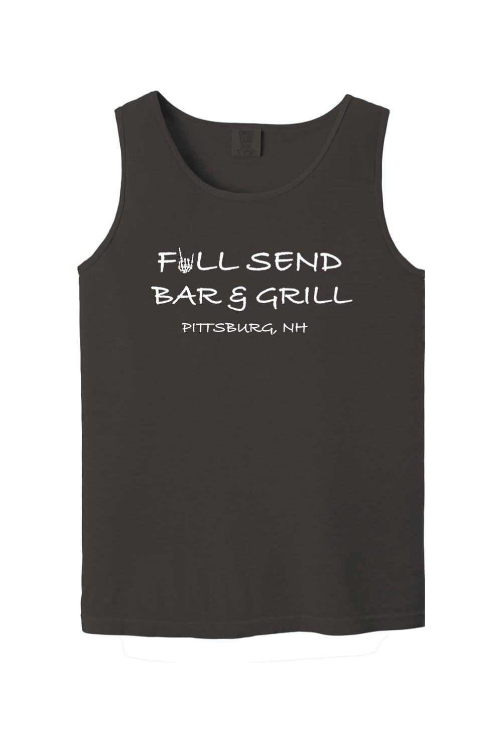 Dark gray Comfort Colors tank top featuring white Full Send Bar & Grill Pittsburg, NH text with a skeleton hand graphic.