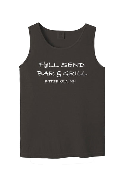 Dark gray Comfort Colors tank top featuring white Full Send Bar & Grill Pittsburg, NH text with a skeleton hand graphic.