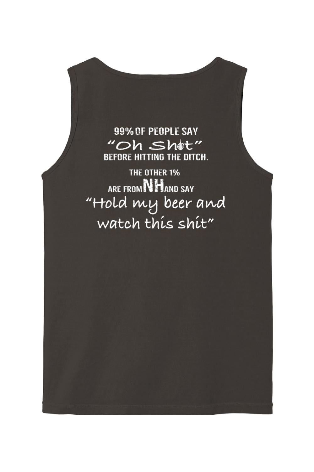 Dark gray Comfort Colors tank top featuring white text about New Hampshire and a funny beer-related quote.