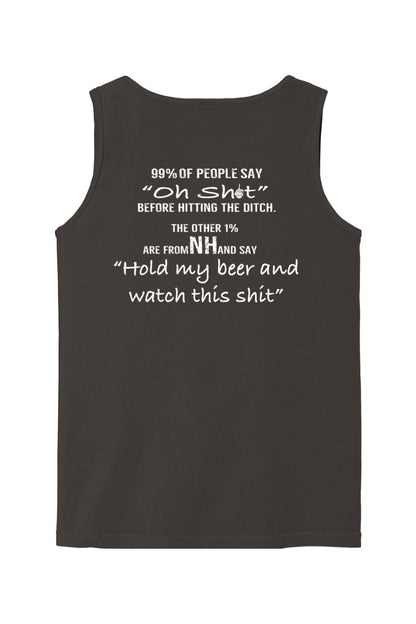 Dark gray Comfort Colors tank top featuring white text about New Hampshire and a funny beer-related quote.