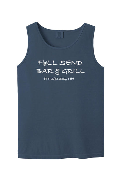 Navy blue Comfort Colors tank top featuring white Full Send Bar & Grill Pittsburg, NH text with a skeleton hand graphic.