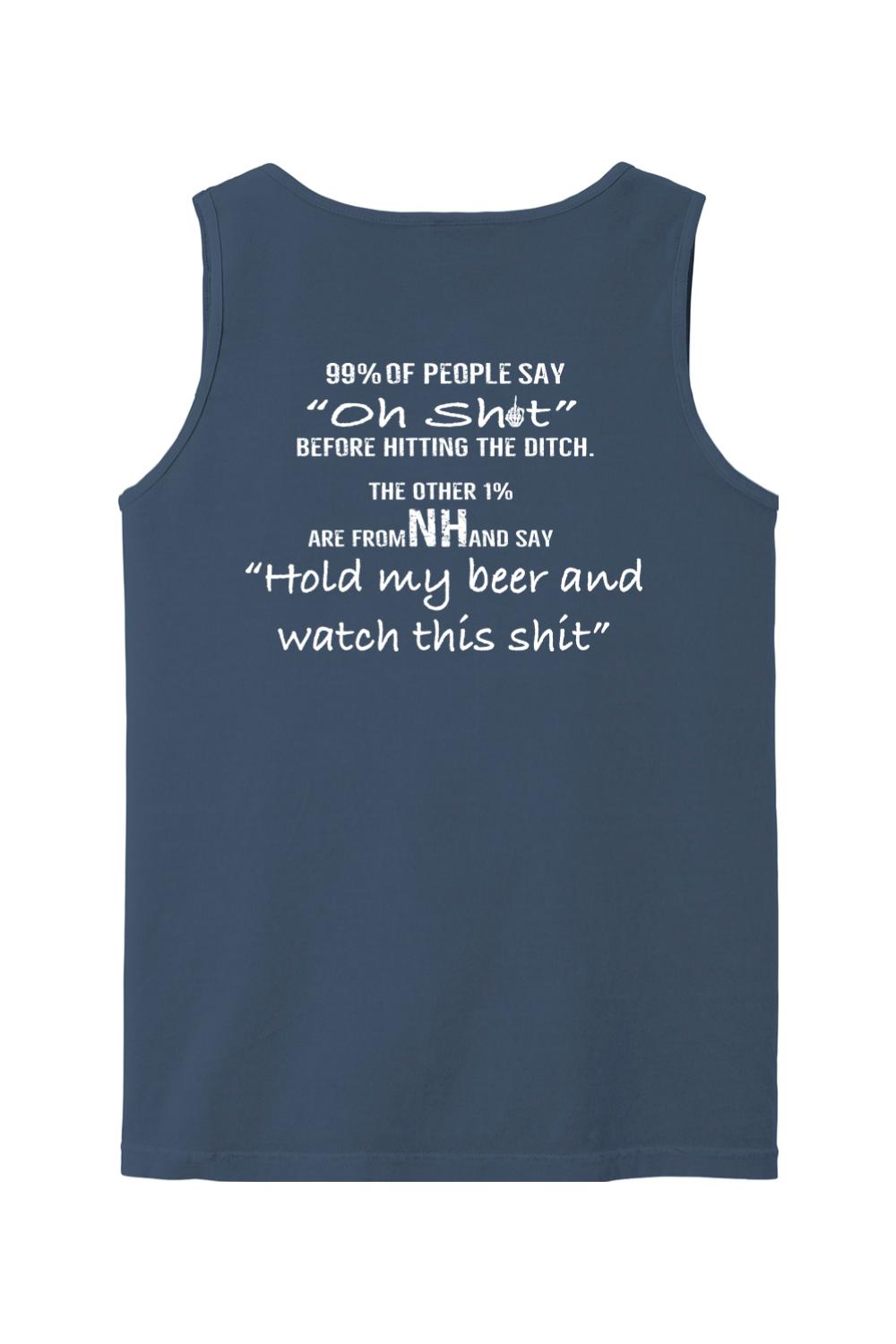 Navy blue Comfort Colors tank top featuring white text about NH and holding my beer.