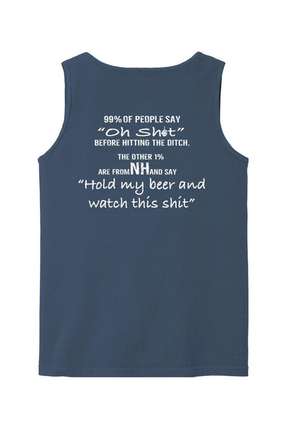 Navy blue Comfort Colors tank top featuring white text about NH and holding my beer.