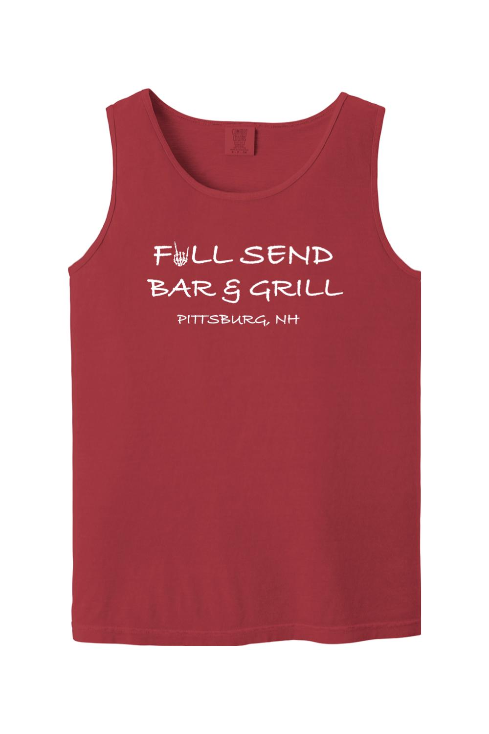 Red Comfort Colors tank top featuring white Full Send Bar & Grill Pittsburg, NH text with a skeleton hand graphic.