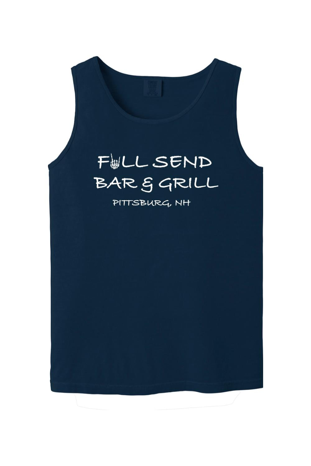 Navy blue Comfort Colors tank top featuring white Full Send Bar & Grill Pittsburg, NH text with a skeleton hand graphic.