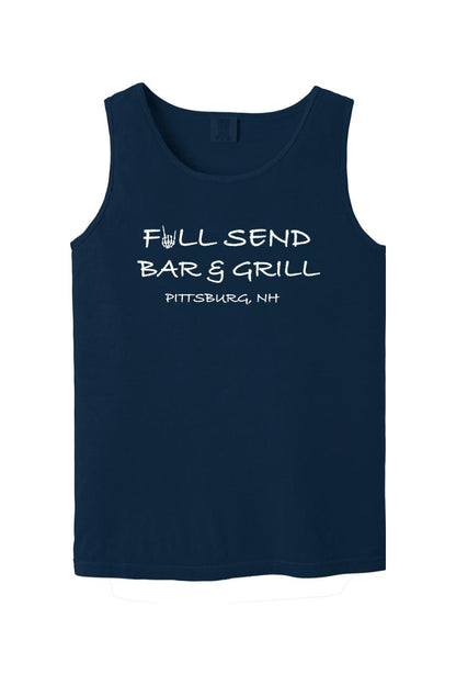 Navy blue Comfort Colors tank top featuring white Full Send Bar & Grill Pittsburg, NH text with a skeleton hand graphic.
