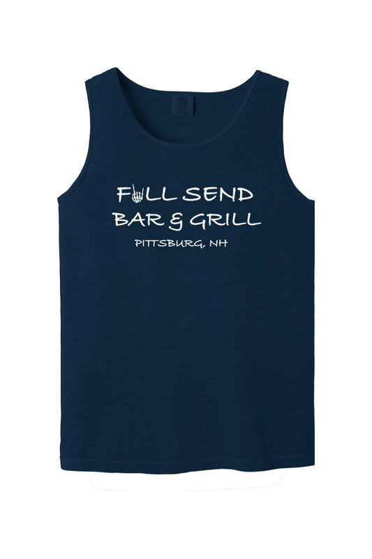 Navy blue Comfort Colors tank top featuring white Full Send Bar & Grill Pittsburg, NH text with a skeleton hand graphic.